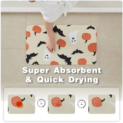 TYUU Thin Halloween Bath Mat, Non-Slip Washable, 24x36 Orange Pumpkins Bats