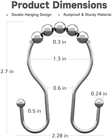 Bathway Shower Curtain Hooks Chrome Shower Curtain Rings Rust Proof, Smooth Glide Double Shower Curtain Hooks, 12Pcs Shower Curtain Hangers, Shower Hooks for Shower Curtain Bathroom Shower Rod Hooks