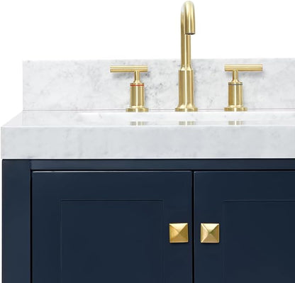 ARIEL Cambridge 60-inch Bathroom Vanity with Sink,Solid Wood, 2-inch Italian Carrara Marble Countertop, Double Rectangular Porcelain Sink, 4 Soft Closing Doors, 6 Dovetail Drawers, Midnight Blue