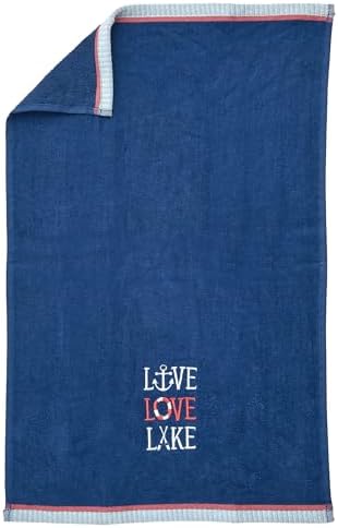 Ritz 2-Piece Cotton Velour Bathroom Hand Towel Set, Embroidered Live Love Lake Design, Soft Navy Blue Nautical Decorative Towels for Lake House, Cottage, Cabin Decor, 16” x 26”