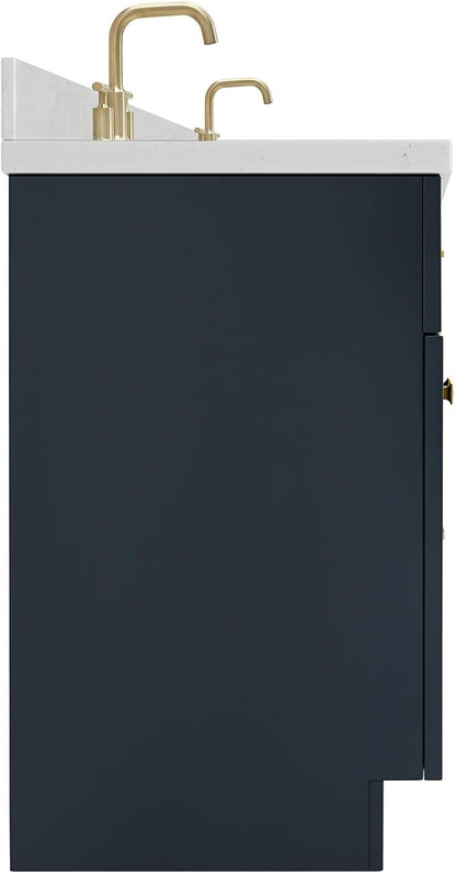 ARIEL Hamlet 66-inch Bathroom Vanity with Sink,Solid Wood, 1.5-inch Carrara White Quartz Countertop, Double Rectangular Porcelain Sink, 4 Soft Closing Doors, 3 Dovetail Drawers, Midnight Blue