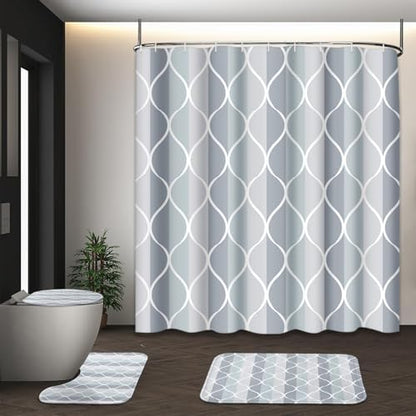 Bathroom Sets with Shower Curtain and Rugs, 4 Pcs Geometric