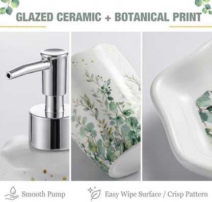 Newtay Sage Bathroom Accessories Set 4 Piece, Ceramic Soap Dispenser with Pump, Toothbrush Holder, Tumbler Cup & Soap Dish, Botanical Greenery Countertop Decor, White with Gold Speckles
