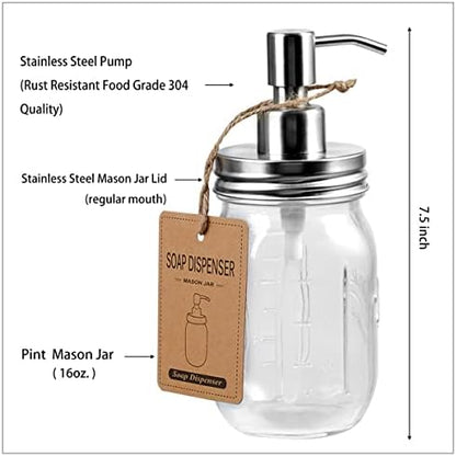 Amolliar Mason Jar Bathroom Accessories Set(4 Pack) - Lotion Soap Dispenser&Qtip Holder Set&Toothbrush Holder-Rustic Farmhouse Decor Apothecary Jar Bathroom Countertop,Vanity Organize (Brushed Nickel)