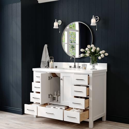 ARIEL Cambridge 48-inch Bathroom Vanity with Sink,Solid Wood, 1.5-inch Pure White Quartz Countertop & Backsplash, Single Rectangular Porcelain Sink, 2 Soft Closing Doors, 9 Dovetail Drawers, White