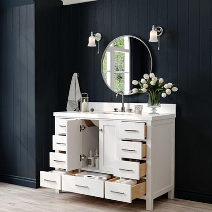 ARIEL Cambridge 48-inch Bathroom Vanity with Sink,Solid Wood, 1.5-inch Pure White Quartz Countertop & Backsplash, Single Rectangular Porcelain Sink, 2 Soft Closing Doors, 9 Dovetail Drawers, White