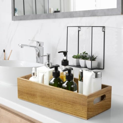 ALELION 15 Inch Acacia Wood Bathroom Storage Basket with Handles, Toilet Paper Basket for Back of Toilet Tank Top, Wooden Organizer Tray for Bathroom Countertop, Vanity, Kitchen, Pantry, Laundry Room