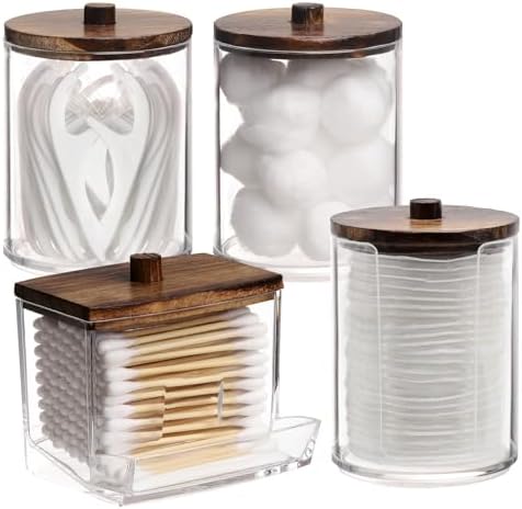 Tbestmax 4 Pack Qtip Holder Dispenser, 10/7oz Bathroom Container for Cotton Ball Cotton Swabs Pads, Apothecary Jar with Wood Lids for Organizer and Storage (Brown)
