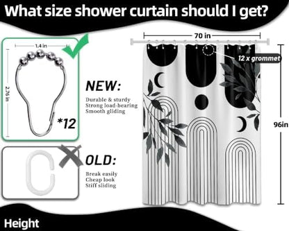 Mid Century Modern White and Black Shower Curtain Bohemian MCM Black and White Shower Curtains for Mens Bathroom Decor, Boho Minimalist Pattern, Waterproof Cloth Fabric with Hooks 70x96 in