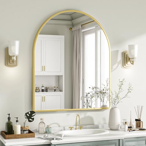 VooBang Arched Wall Mirror, 26 x 28 inch Arch Bathroom Mirror, Wall Mounted Vanity Mirror with Arch Metal Frame, Modern Bathroom Vanity Mirror for Bedroom, Living Room, Hanging or Leaning, Gold