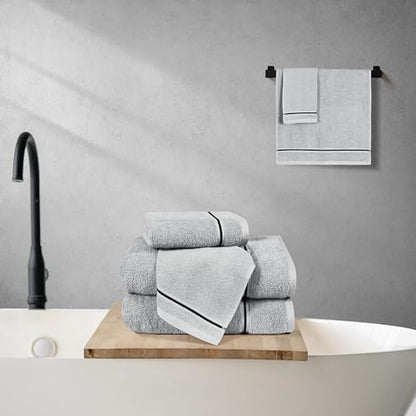 MyOwn Ultra Soft 6 Pack Cotton Towel Set, Contains 2 Bath Towels 28x55 inch, 2 Hand Towels 16x24 inch & 2 Wash Coths 12x12 inch, Ideal Everyday use, Compact & Lightweight - Light Grey