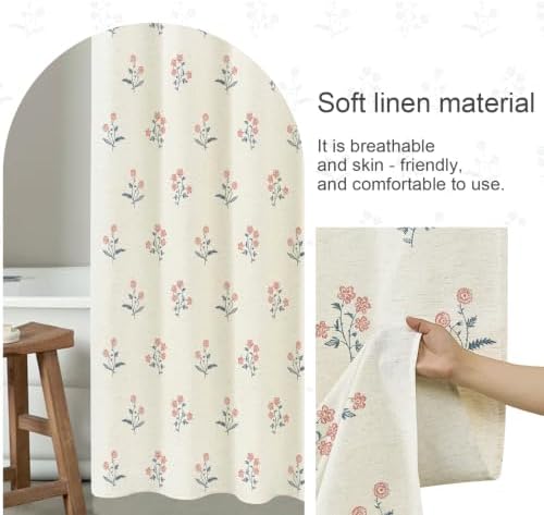 ORTIGIA Linen Shower Curtain Farmhouse Vintage Pink Blue Floral Shower Curtains Navy Boho Rustic Block Print Cottagecore Decor for Bathroom 72 W x 72 L