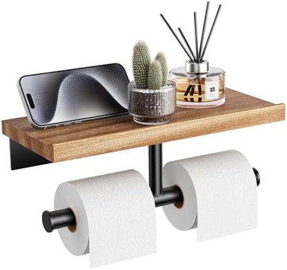 Tindbea Double Toilet Paper Holder with Wood Shelf, Wooden Wall Mount Toilet Paper Roll Holder, Matte Black Stainless Steel Bathroom Toilet Tissue Holder (Sapele, Matte Black)