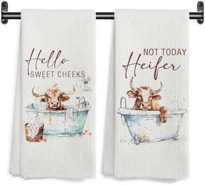 Hello Sweet Cheeks Highland Cow Bathroom Hand Towels, Funny Farmhouse Animal Heifer Bathing Decorative Hand Towels for Bathroom Washroom Toilet Restroom, 16x24 Inch Set of 2