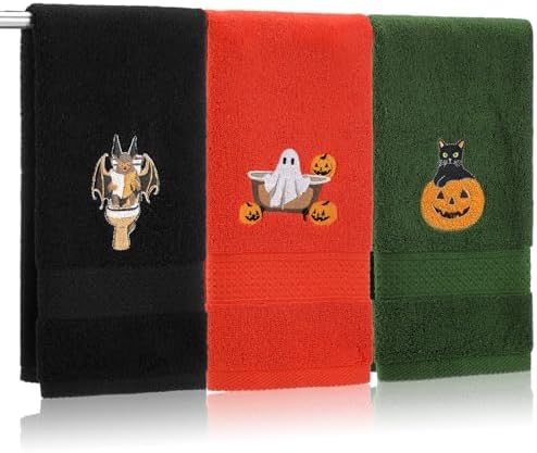 FuWeave 3 Pcs Orange Green Halloween Ghost Hand Towels for Bathroom