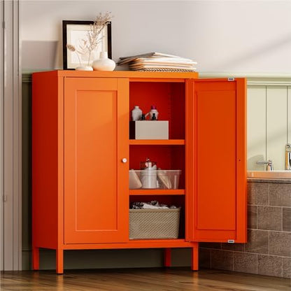 YAUWOH Metal Bathroom Storage Cabinet, Bathroom Floor Storage Cabinet with 2 Adjustable Shelves and 2 Doors,Freestanding Metal Sideboard for Small Spaces, Living Room, Dining Room,Orange