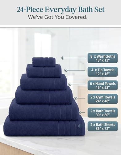 Casa Platino Bath Towel Set 100% Cotton 24 Piece Soft Absorbent - Navy