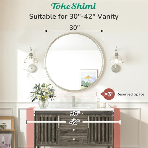 TokeShimi 30 Inch Brushed Nickel Mirror Round Tempered, Shatterproof Bathroom Vanity Mirror Circle, Metal Farmhouse Wall Mounted Mirror for Vanity, Entryway, Bedroom, Restroom, Living Room