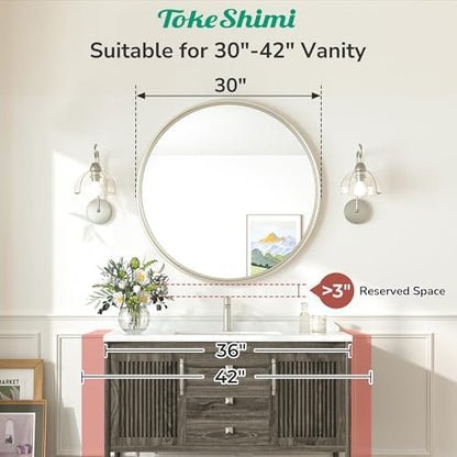 TokeShimi 30 Inch Brushed Nickel Mirror Round Tempered, Shatterproof Bathroom Vanity Mirror Circle, Metal Farmhouse Wall Mounted Mirror for Vanity, Entryway, Bedroom, Restroom, Living Room