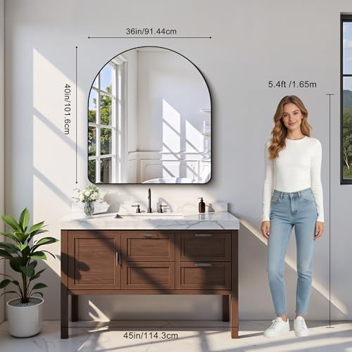 Arched Bathroom Mirror, 36"x40" Black Arched Mirror for Bathroom, Wall Mounted Mirror, Black Vanity Wall Mirror w/Metal Frame for Bedroom, Entryway, Living Room, Vertically Hanging