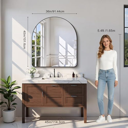 Arched Bathroom Mirror, 36"x40" Black Arched Mirror for Bathroom, Wall Mounted Mirror, Black Vanity Wall Mirror w/Metal Frame for Bedroom, Entryway, Living Room, Vertically Hanging