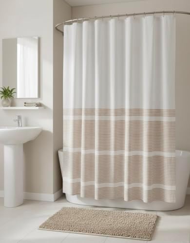 Serafina Home Tan Beige White Striped Cotton Bathroom Shower Curtain