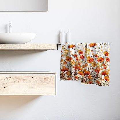 Fall Floral Hand Towels Set of 2, 28 x 14 Inch Autumn Orange Wildflowers Leaves Plant Bathroom Towel Soft Absorbent Kitchen Hotel Spa Gym Towel Thanksgiving Decor Gifts