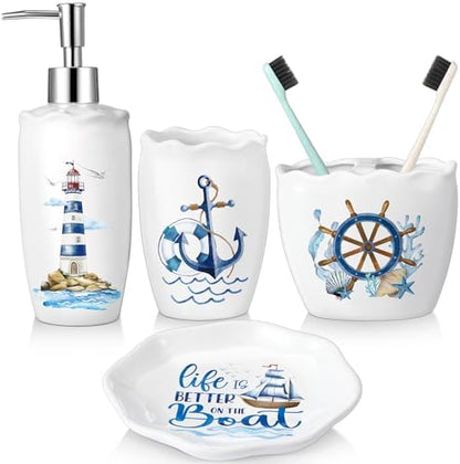 Newtay Nautical Bathroom Accessories Set of 4, Coastal Lighthouse Compass Anchor Sailboat Tumbler Soap Dispenser Toothbrush Holder Soap Dish for Ocean and Sea Coastal Theme Bathroom Decoration