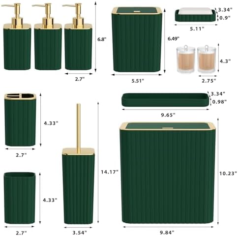 Bathroom Accessory Set - Bathroom Set, 12PC Bathroom Accessories Set, Dark Green Bathroom Accessories Set, Mini Trash Can, Toilet Brush, Trash Can & Soap Dispenser