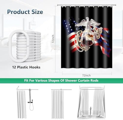 US Marine Corps American Pride Flag Shower Curtain with Hooks 72 x 72 Inch