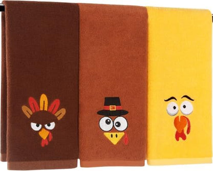 Quera 3 Pack Thanksgiving Turkey Hand Towels Embroidered Towel, Luxury Bathroom Kitchen Decor Set, Tea Towel Drying Baking Cooking Wash Cloth for Thanksgiving Fall Harvest-14×30 Inch