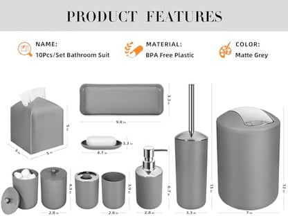 Grey Bathroom Accessories Set, 10Pcs Bathroom Accessory Set with Trash Can, Soap Dispenser and Toothbrush Holder, Soap Dish, Cotton Ball & Qtip Holder, Toilet Brush Holder, Tissue Box Cover