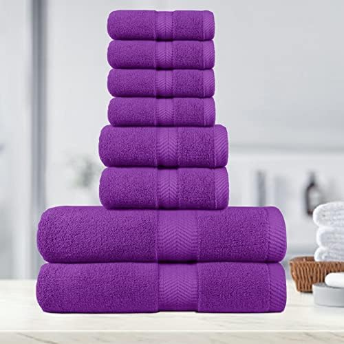 BY LORA 8-Pc Cotton Towel Set, Quick Dry Hotel Bath Hand Washcloths, Eggplant