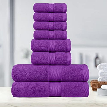 BY LORA 8-Pc Cotton Towel Set, Quick Dry Hotel Bath Hand Washcloths, Eggplant