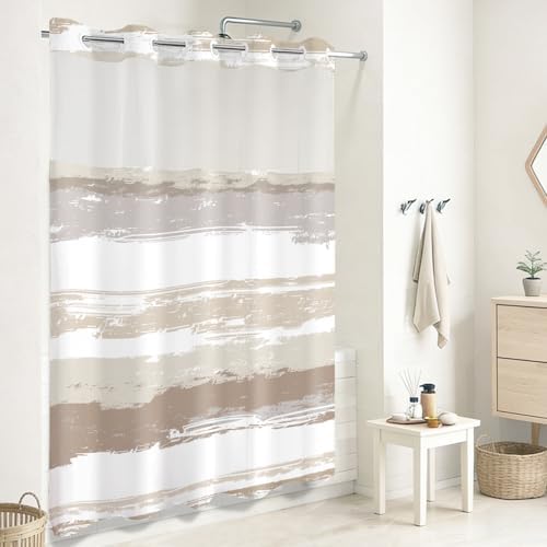 No Hook Shower Curtain with Liner, Brown Stripe, 71x74 Inch