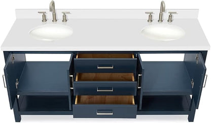 ARIEL Magnolia 72-inch Bathroom Vanity with Sink,Solid Wood, 1.5-inch Pure White Quartz Countertop & Backsplash, Double Oval Porcelain Sink, 4 Soft Closing Doors, 3 Dovetail Drawers, Midnight Blue