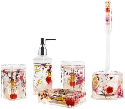 Locco Decor Bathroom Vanity Accessory Set Acrylic Liquid 3D Floating Motion Toothbrush Holder, Tumbler, Soap Dispenser, Soap Dish, Toilet brush, 5-Piece Accessory Set Garden Botanic Pink Plants