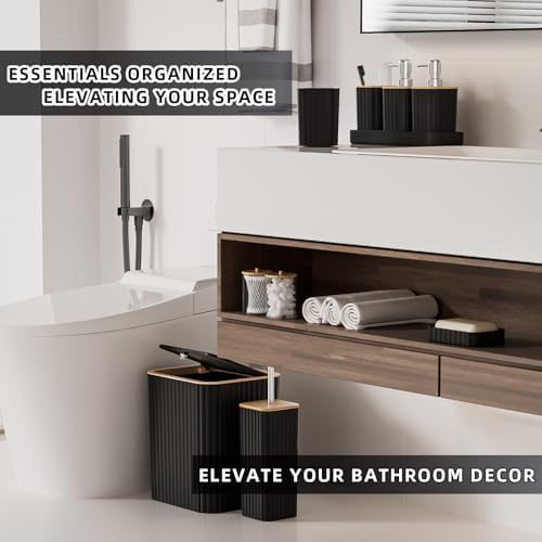 XLHOMO Bathroom Accessories Set - Elegant Black Bathroom Set, 10PC Bathroom Accessory Set, Toilet Brush, Trash Can, Qtip Holder Dispenser & Soap Dispenser