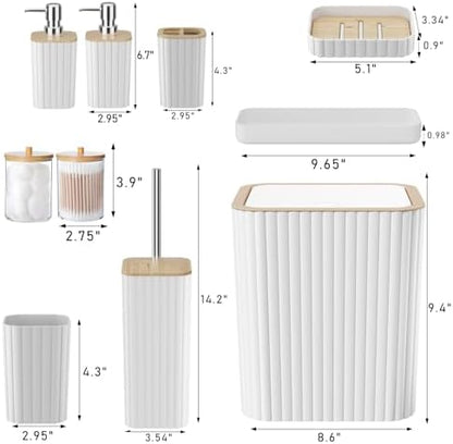 XLHOMO Bathroom Accessories Set - Elegant White Bathroom Set, 10PC Bathroom Accessory Set, Toilet Brush, Trash Can, Qtip Holder Dispenser & Soap Dispenser