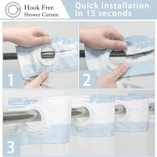 No Hook Shower Curtain with Liner, Light Blue Stripe, 71x74 Inch