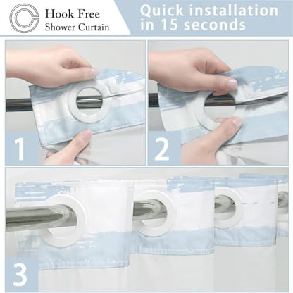 No Hook Shower Curtain with Liner, Light Blue Stripe, 71x74 Inch
