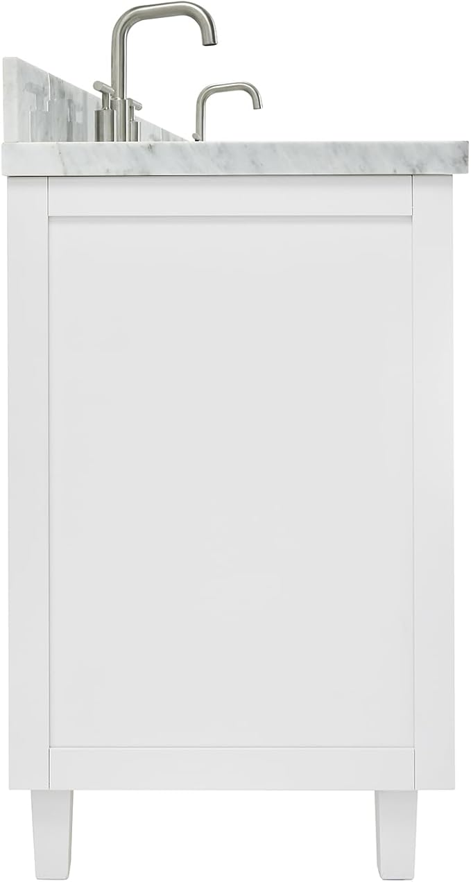 ARIEL Monroe 72-inch Bathroom Vanity with Sink,Solid Wood, 1.5-inch Italian Carrara Marble Countertop & Backsplash, Double Oval Porcelain Sink, 9 Dovetail Drawers, Brushed Nickel, White