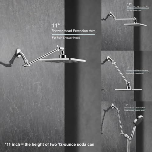 11 Inch Adjustable Shower Head Extension Arm With Locking Set Screw, Singing Rain 304 Stainless Steel Chrome Angle Height Adjustable, Easy Install, G1/2 Universal Connector Compatible (Chrome Finish)