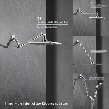 11 Inch Adjustable Shower Head Extension Arm With Locking Set Screw, Singing Rain 304 Stainless Steel Chrome Angle Height Adjustable, Easy Install, G1/2 Universal Connector Compatible (Chrome Finish)