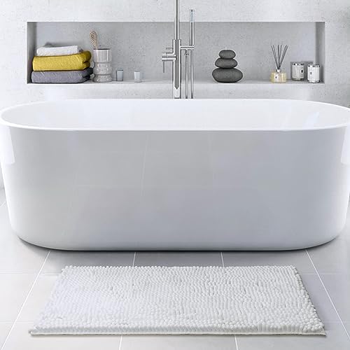 FRESHMINT Large Chenille Bathroom Rugs Mat 36”x24”, Non-Slip Bath Matf or Bathroom Floor & Bathtub, Washable Shower Shag Bath Rugs, Soft Fluffy Thick Water Absorbent Microfiber Shower Mat, White
