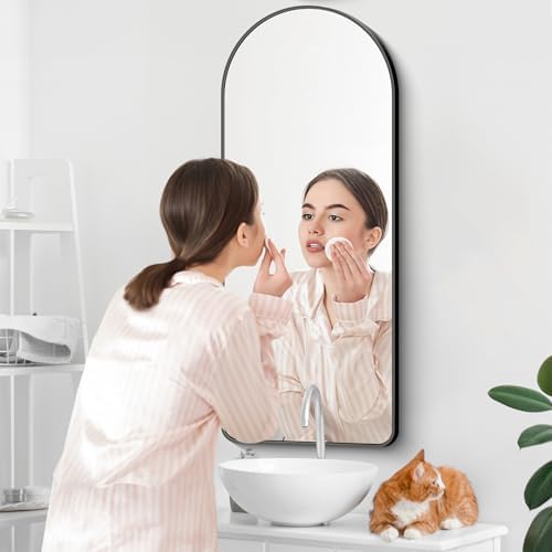 Arched Bathroom Mirror, 16"x48" Black Arched Mirror for Bathroom, Wall Mounted Mirror, Vanity Wall Mirror w/Metal Frame for Bedroom, Entryway, Living Room, Vertically Hanging
