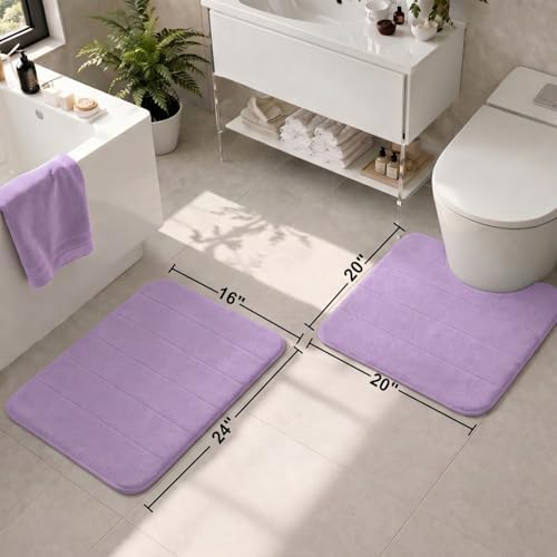 2 Piece Memory Foam Bath Mat Set, Extra Soft Absorbent Bathroom Rugs with U-Shaped Toilet Rug, Non-Slip Backing, Machine Washable, 24x16 + 20x20 U-Shaped, Lavender