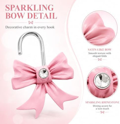 Decorative Shower Curtain Hooks Bow Tie Rust Resistant Hooks Glide Shower Ring Hangs Holder Bling for Bathroom, Pack of 12