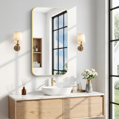 BONEWEI Gold Bathroom Mirror,20x36 inch Wall Mirror for Bathroom Wall Mounted,Round Rectangle Mirror for Bathroom Over Sink,Modern Frame for Home Decor Living Room,Bedroom Entryway,Horizontal/Vertical