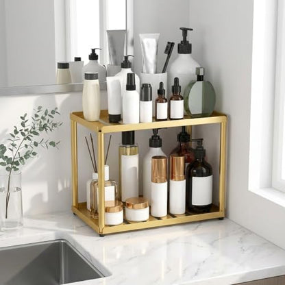 2 Tier Bathroom Counter Organizer, Rectangular Vanity Organizer Shelf, Skincare and Makeup Countertop Storage Rack for Kitchen, Bathroom, Bedroom Gold